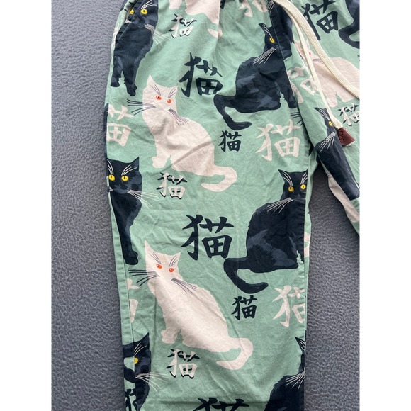 Kidoriman Pajama Pants Lounge Womens Sz M Green Cats Japanese Kanji Drawstring - Picture 5 of 14
